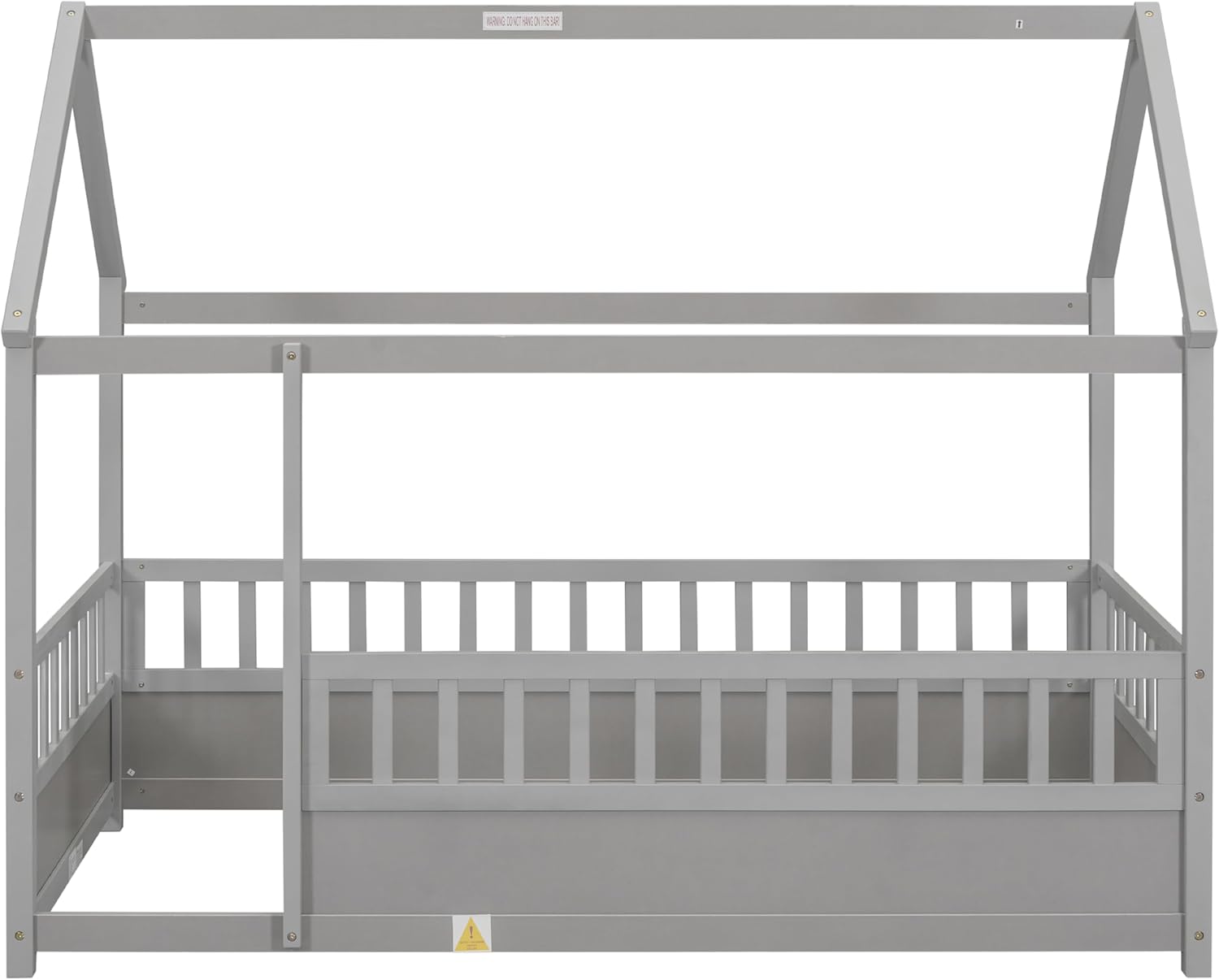 Ball & Cast Twin Size Floor Bed with House Roof for Kids,Montessori Floor Bed with Slats and Safety Guardrails,Solid Wood Floor Bed Frame for Girls Boys,Grey