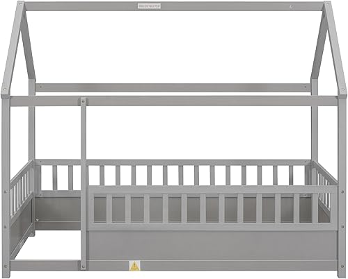 Miniatura 7 de Montessori - Cama de tamaño individual con barandillas para vallas, cama de madera con rieles, marco de cama de casa de juegos para niños, niñas y