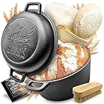 besøk Brottopf Set [inkl. Gärkorb + Bürste + Rezeptheft] Anti-Haft Patina Gusseisen Topf ⌀26 cm [4,7 Liter] zum Brot backen - Brotbackform induktionsgeeignet eingebrannt rund mit Deckel
