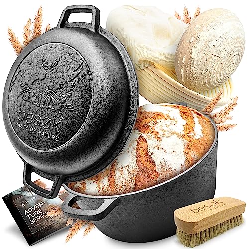 besøk Gusseisen Topf Brot backen [inkl. Gärkorb] Brotbackform rund mit Deckel - Induktion - Brottopf Brotbacktopf zum Brotbacken, Gusseisentopf, Dutch Oven