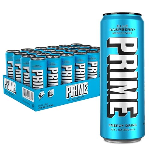 Prime Energy Drink "Blue Raspberry", sabor natural, 200 mg de cafeína, cero azúcar, 300 mg de electrolitos, vegano, 12 onzas líquidas por lata