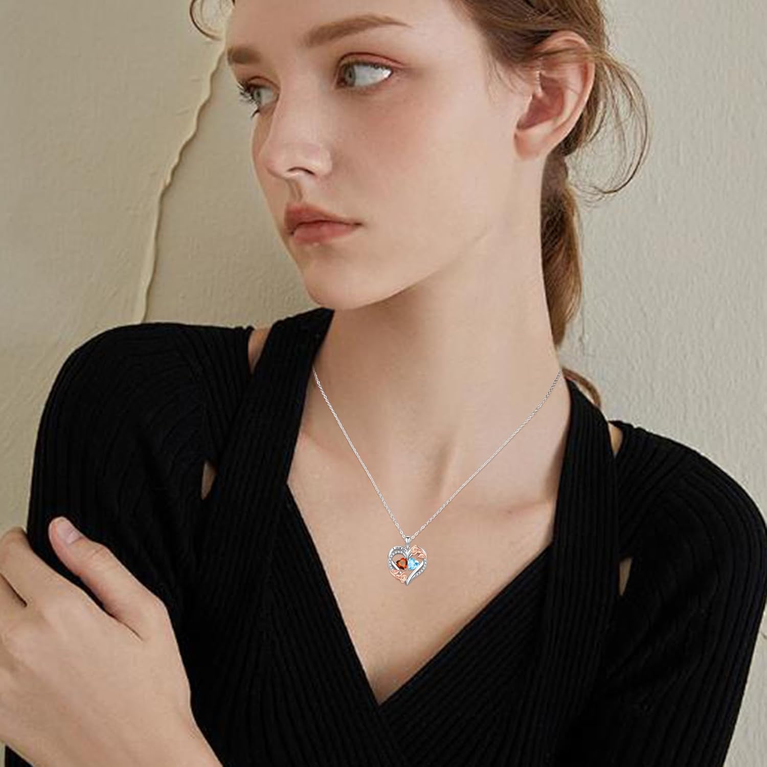 Birthstone Necklace for Women Mom, Heart Pendant Necklace, Birthday Rose Flower Necklace,Mothers Family Birth Stone Jewelry, Anniversary Birthday Gift for Wife Her - Image 4