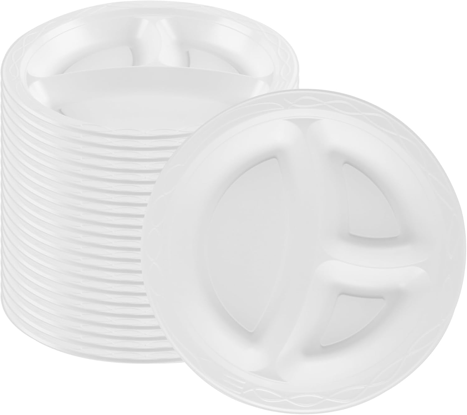 Restaurantware-RW Base 10.4 Inch Microwavable Food Plates, 150 Round Plastic Plates - 3 Compartments, Disposable, White Plastic Dinner Plates, Serve Hot And Cold Foods, For Restaurants And Cafes