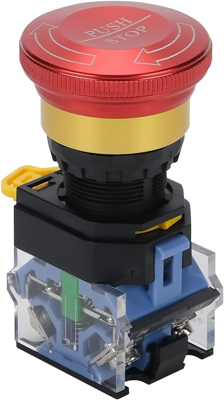 Emergency Stop Button 10A 440V Latching Push Button Switch, 22mm Aluminum Alloy Round E-Stop Button, IP65 Waterproof Self-Locking Shut Off Switch