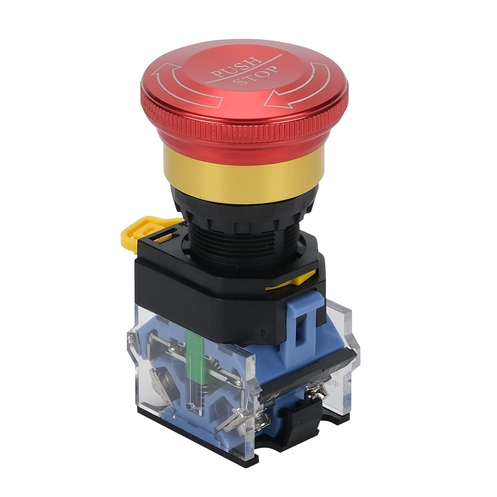Emergency Stop Button 10A 440V Latching Push Button Switch, 22mm Aluminum Alloy Round E-Stop Button, IP65 Waterproof Self-Locking Shut Off Switch