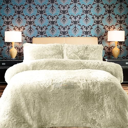 PARADISE STAR Teddy Fleece Duvet Quilt Cover Bedding Set including Matching Pillowcase Fluffy Thermal Warm and Cosy Cream Single 135cm x 200cm Approximate