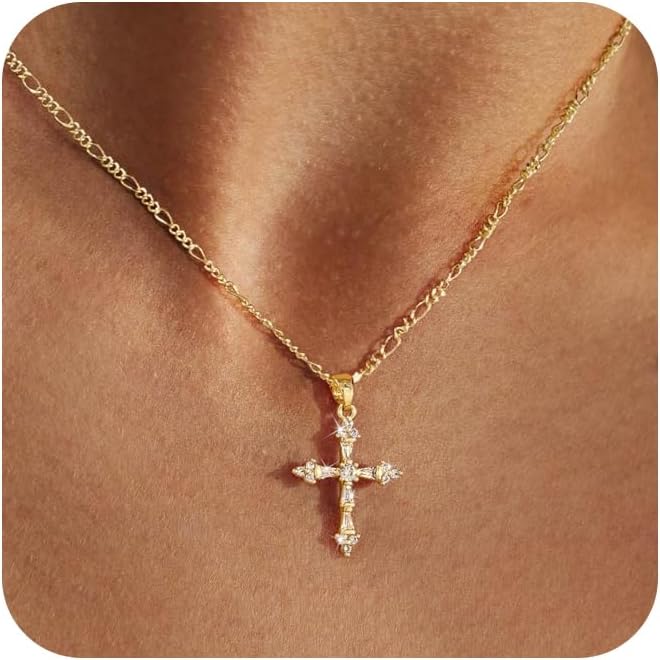 Cross Necklace for Women,14k Dainty Gold Plated Cross Necklaces Simple Cross Pendant Necklaces for Women Trendy Small Gold Cross Charm Necklace Cute Choker Necklace for Women Gold Jewelry Gifts