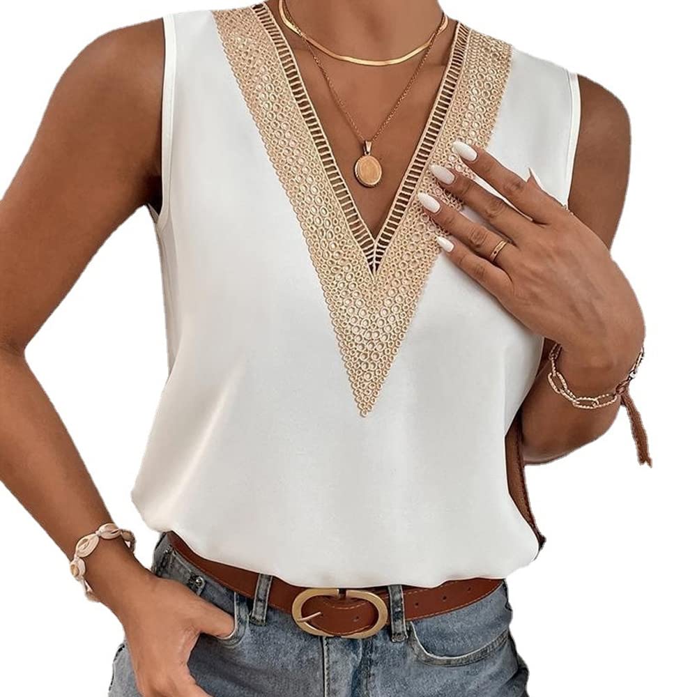 BKEPDY Camiseta sin Mangas Mujer Top con Cuello en V Tops de Encaje Camisa Verano Camisetas Sexy Blusa Casual Cami Tank Tops Suelta Informal Playa