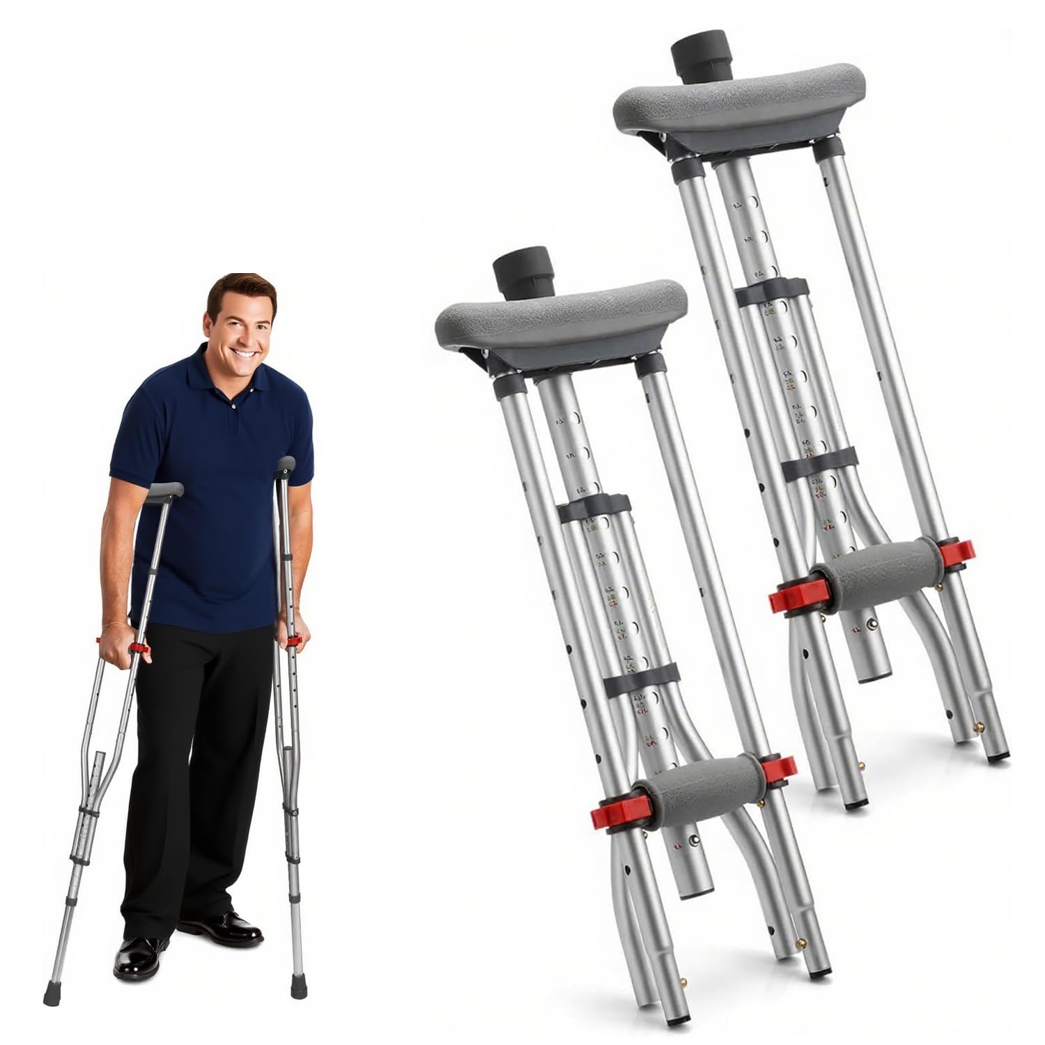 Stampelle Ascellari Regolabili | Stampella in Alluminio Antiscivolo | Supporto fino a 150kg, Regolazione Altezza Semplice | Stampelle per Anziani e Riabilitazione