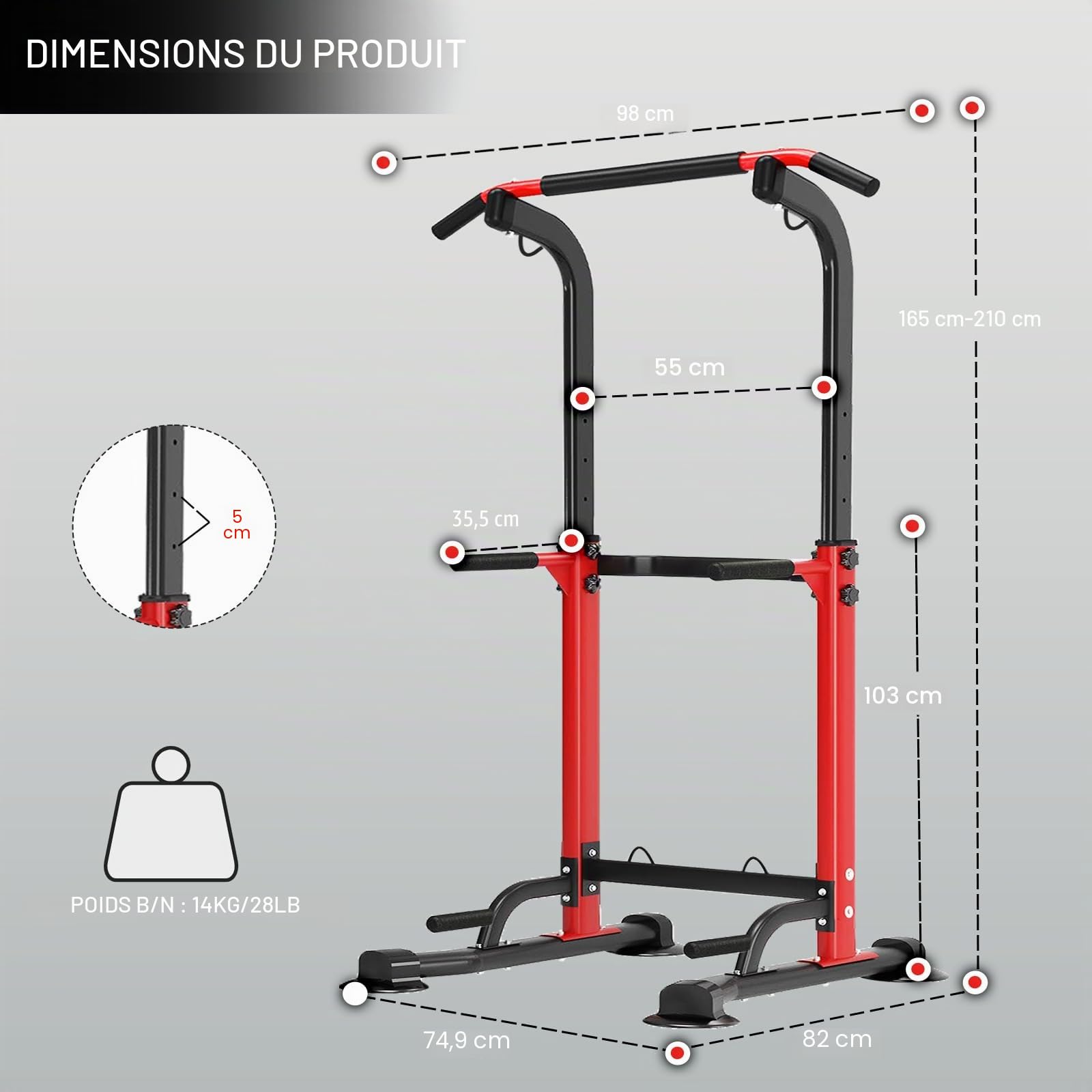 Pull Up & Dip Station Dip Stand Power Tower, Adjustable Height Home Strength Training Fitness Workout Station, Suitable for Teenagers, Women, Men