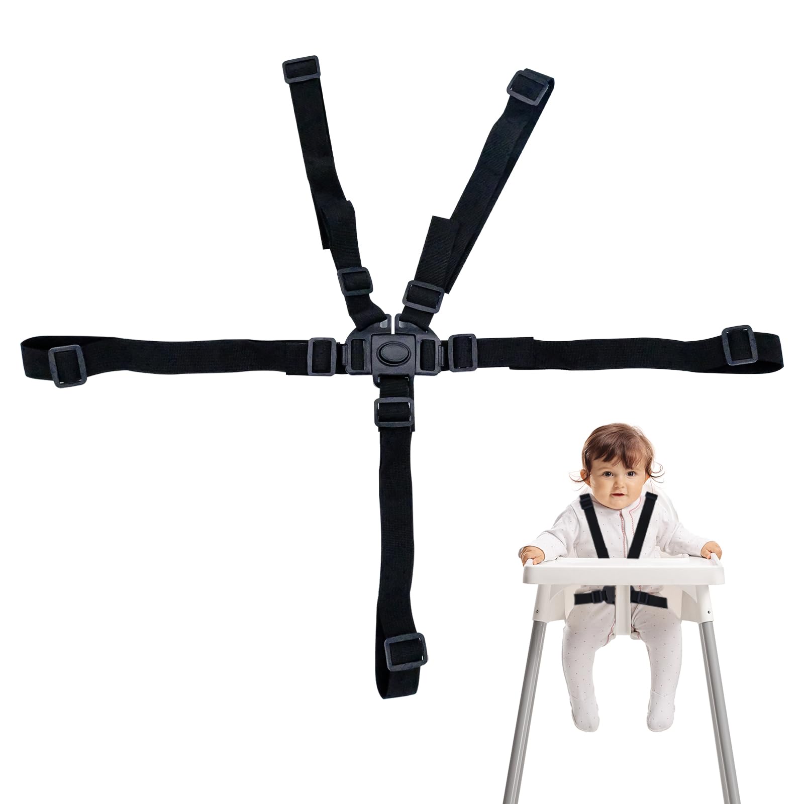 Cinturón de seguridad de 5 puntos, cinturones de seguridad de repuesto para cochecito de bebé, trona ajustable, cinturones de seguridad para silla de paseo y trona (negro)