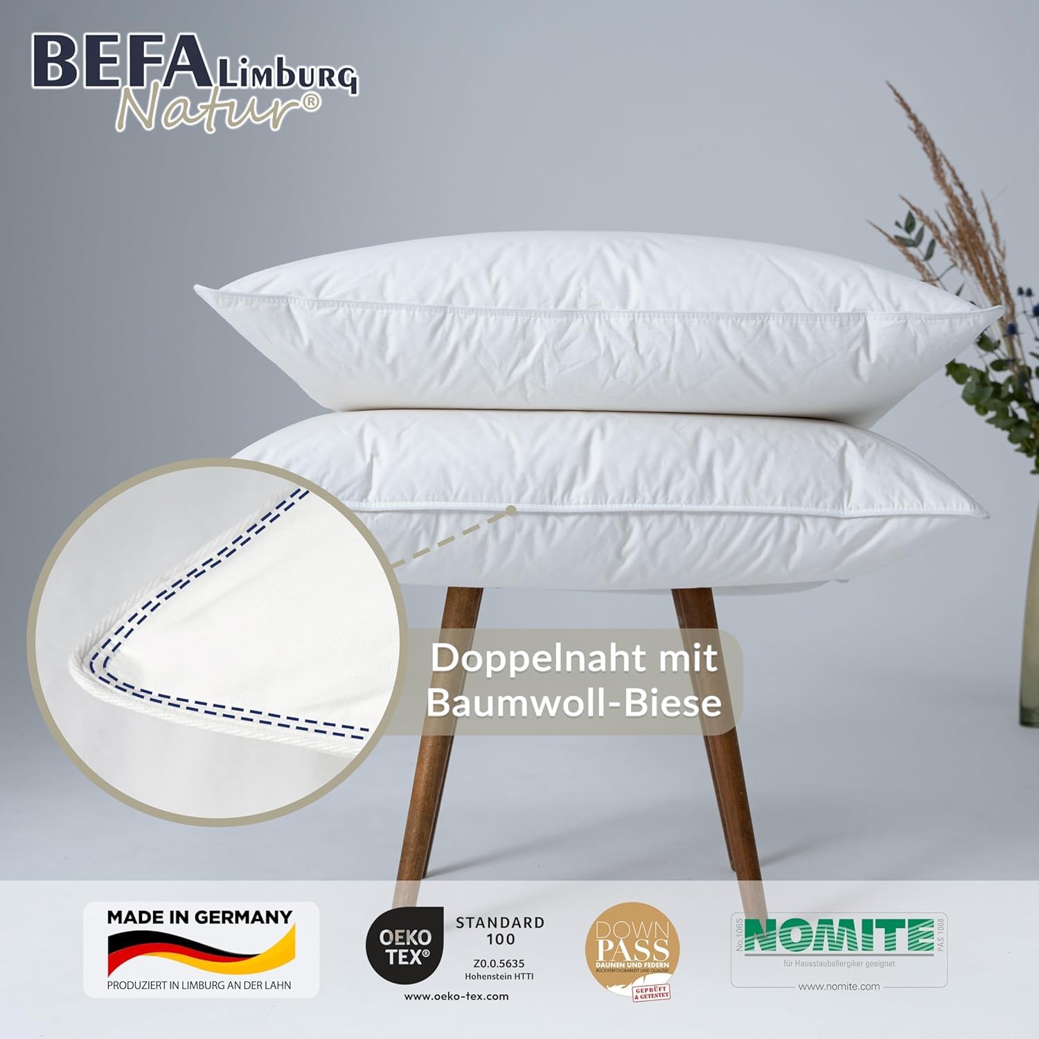 BEFA NATUR Donskussen, 40 x 80 cm, 3-kamer hoofdkussen, 90% dons en 10% verenkussen, 700 g vulgewicht, geschikt voor mensen met allergieën, dierenwelzijn (DOWNPASS), Oeko-Tex klasse 1, Made in Germany