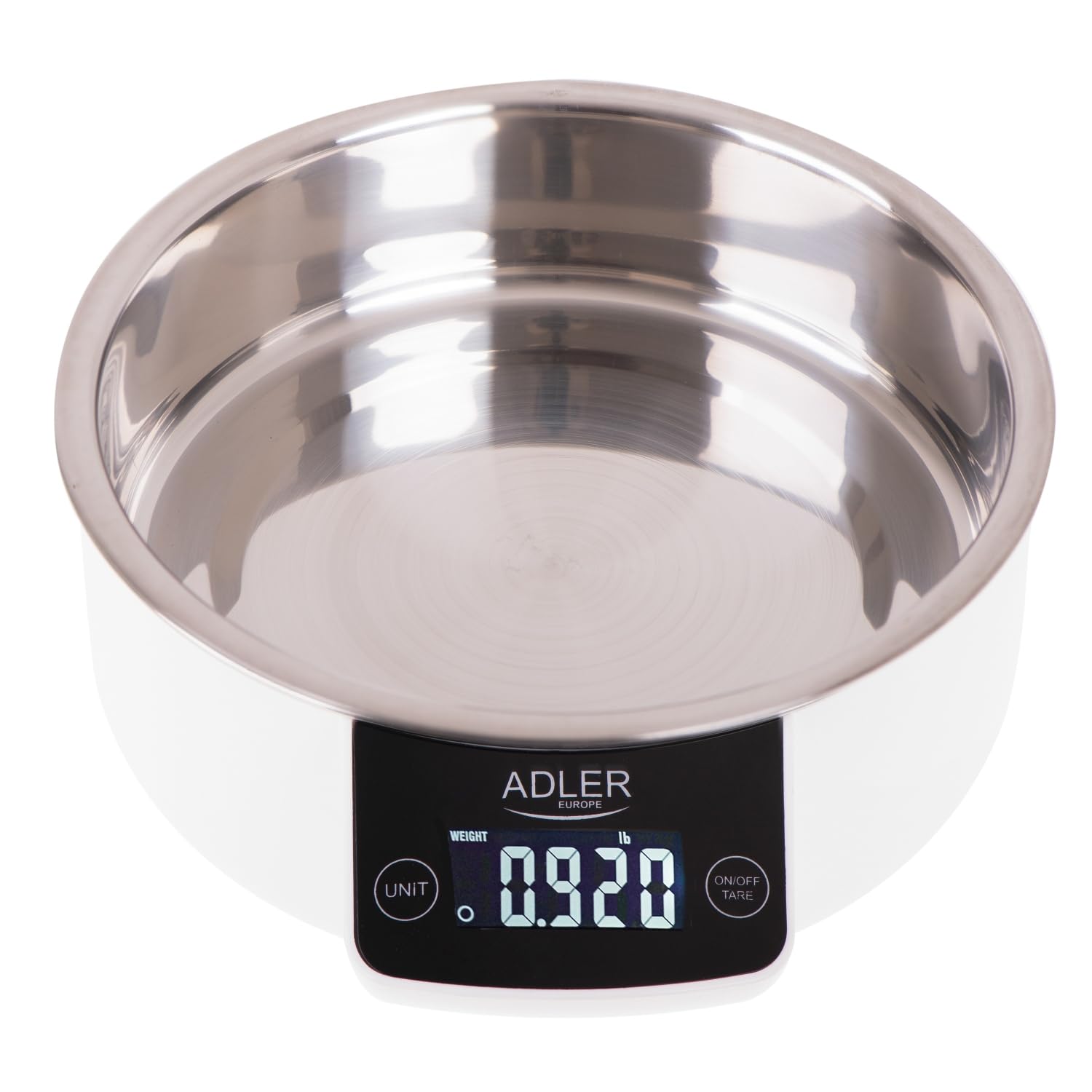 Adler AD 3166 Kitchen Scales with 900ml Stainless Steel Container, Max Weight 5kg, Electronic Household Scales with LCD Display, Digital Scale, Accuracy up to 1g, White/Silver, 21 x 19 x 8 cm