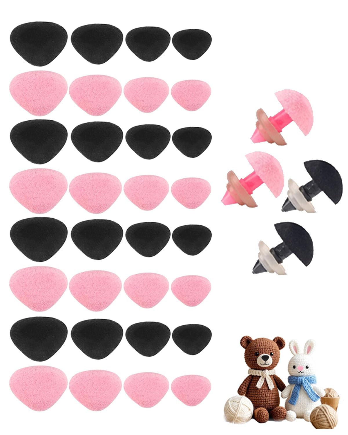 32 Pezzi Nasi di Sicurezza per Animali all'Uncinetto, Naso con Floccatura di Sicurezza per Animali di Peluche Nero Rosa, Naso Giocattolo con Rondelle