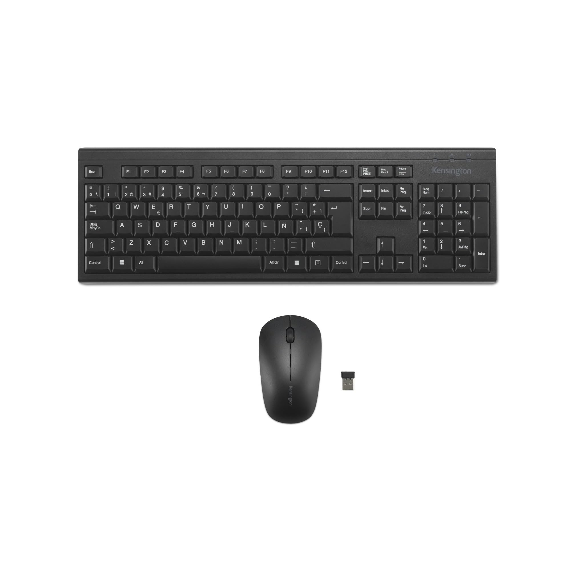 Kensington K75562ES - Set Teclado y Ratón Inalámbrico KM150 EQ a Pilas, para Windows y MacOS, Nano Receptor USB de 2,4 GHz, Ratón Silencioso 1200DPI, Membrana Sellada MIL‑STD‑810H Antiderrames, QWERTY