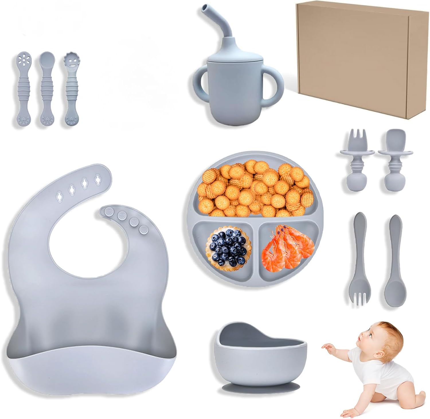Silicone Baby Feeding Set 11 Pcs – Ultra-Stick Suction Plates & Bowls, BPA-Free Baby Led Weaning Supplies with Divided Plates, Straw Cup & Bib | First Stage Essentials for 6+ Months (Blue Gray) Silicone Baby Feeding Set 11 Pcs – Ultra-Stick Suction Plates & Bowls, BPA-Free Baby Led Weaning Supplies with Divided Plates, Straw Cup & Bib | First Stage Essentials for 6+ Months (Blue Gray)