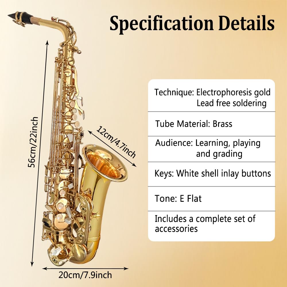 Yinfente Eb flaches Saxophon mit 10 Blättern, 8 Pads, Hartschalenkoffer und mehr, für Studenten, Anfänger, Erwachsene, Altsaxophon, Saxophon-Set, (goldfarben)
