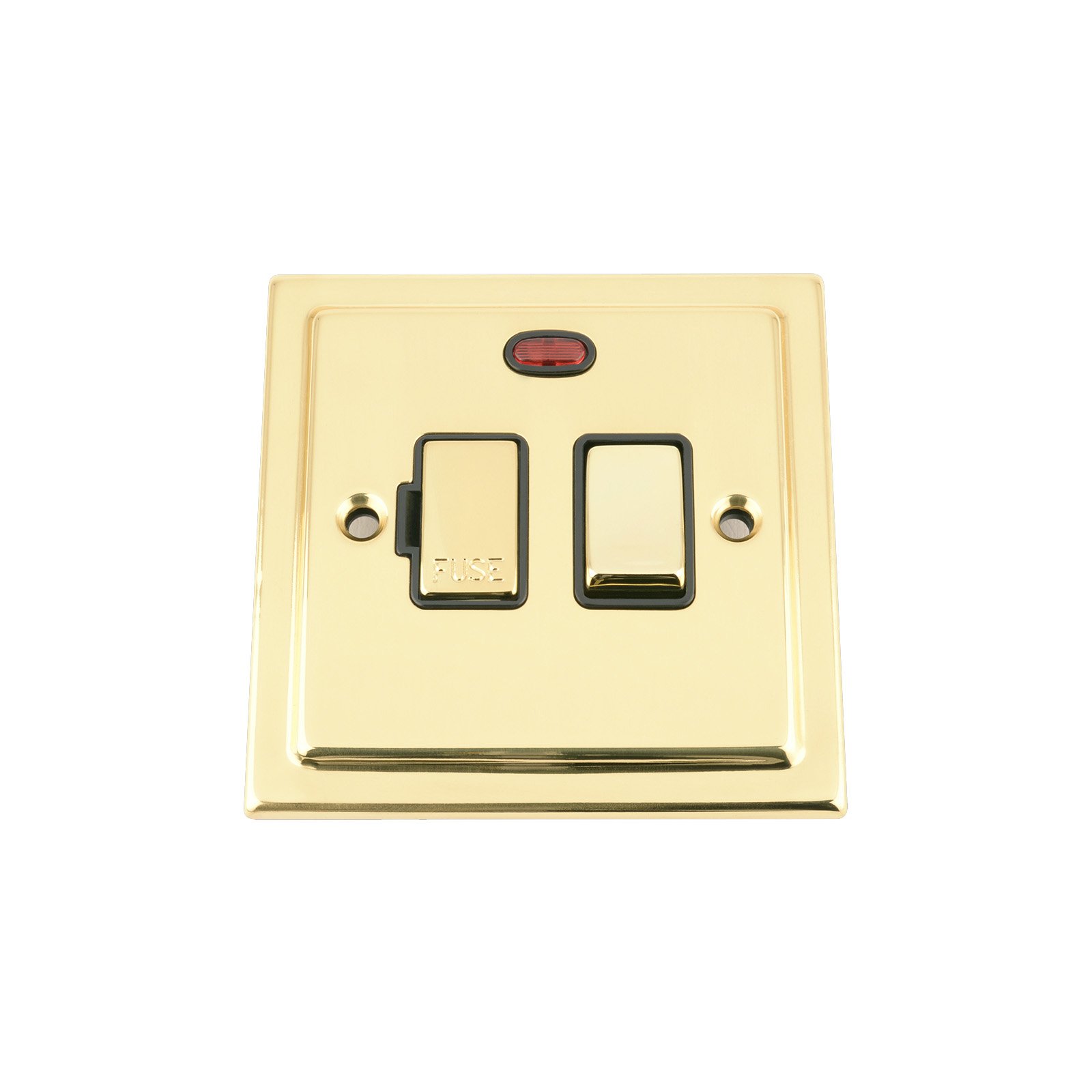Switched Fused Spur Switch w/Neon - Polished Brass Victorian - Black - Metal Rocker Switch
