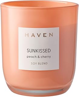 Haven Sunkissed Peach & Cherry Scented Soy Blend Candle - Natural, Non-Toxic, Long-Lasting Burn in Orange Glass Jar for Ho...