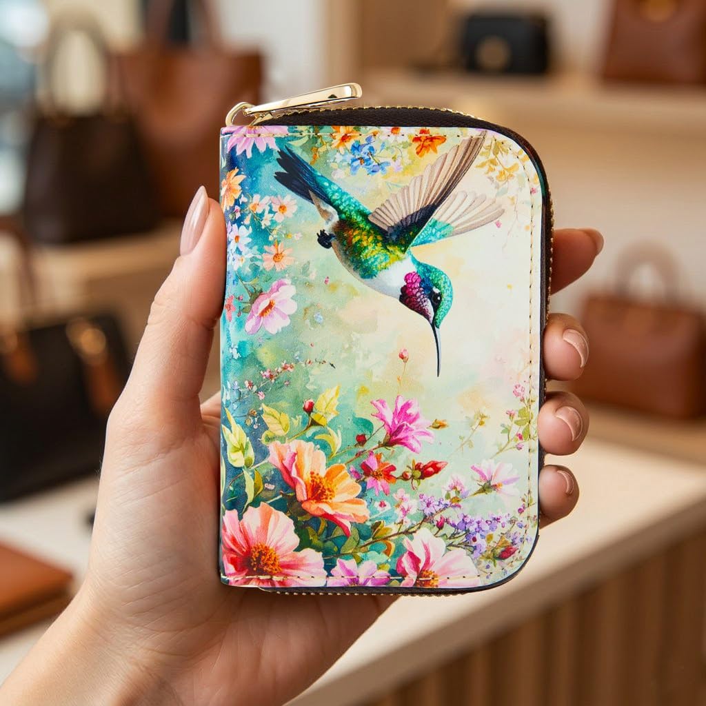 Womens Leather Wallet Credit Card Holder Zipper Card Case for Ladies Girls (Hummingbird)