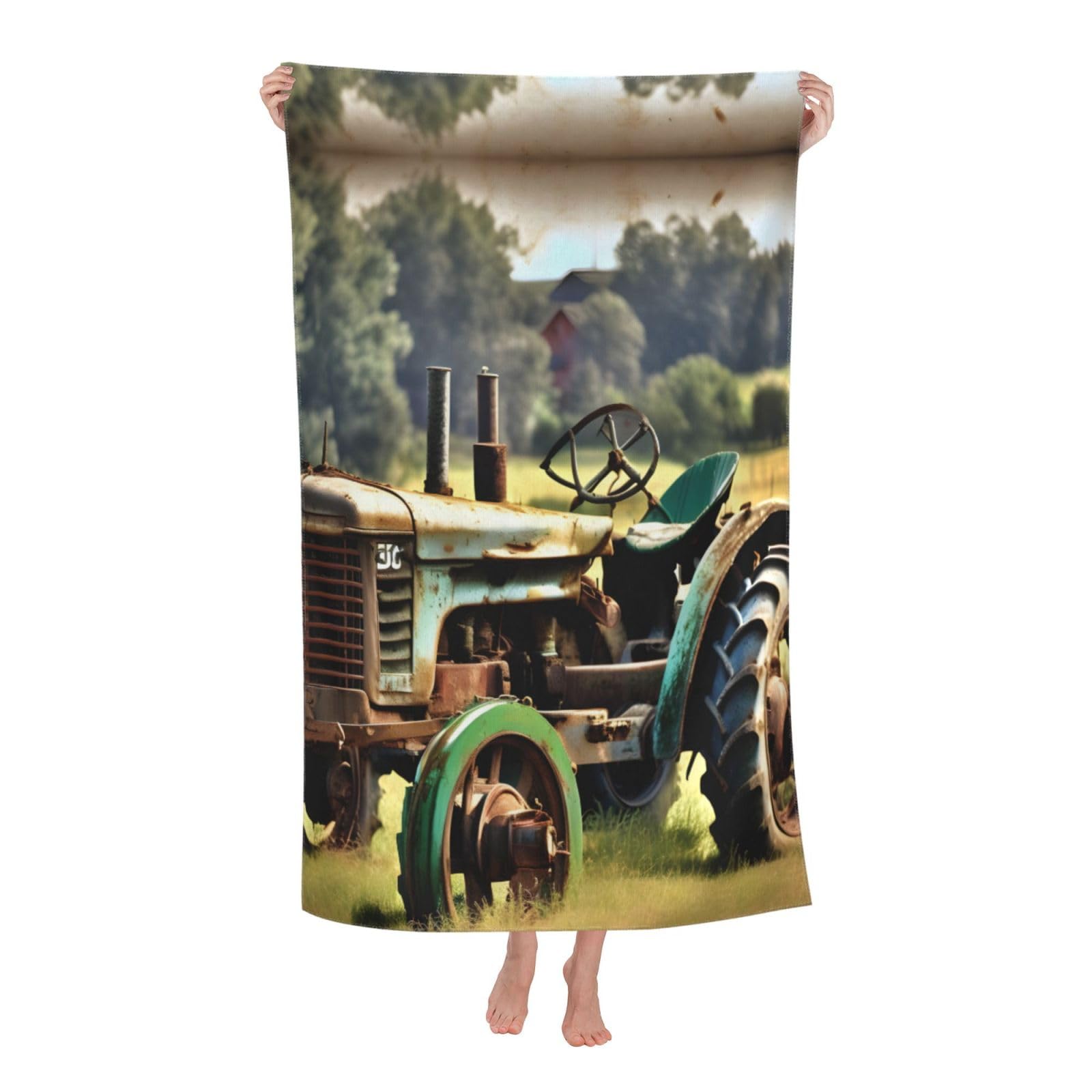 NImongt Old Tractor Photo Farm Print Oversized Adult Beach Towel For Travel Weekend Getaways Festivals Camping Trips