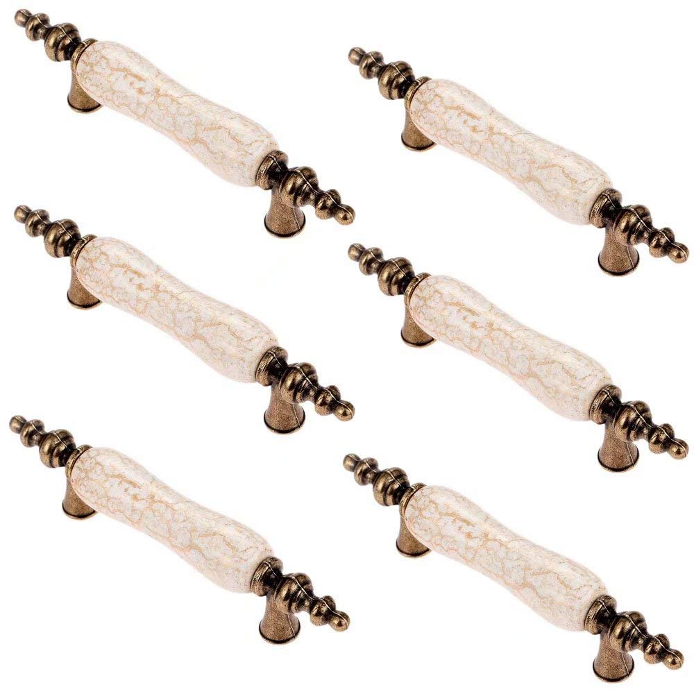 Fbshop(Tm) A:pitch Of Holes 76Mm 6Pcs Antique Brass Ceramic Handles With Brown Marble Finish,Kitchen Cabinet Knobs,Retro Ceramic Cupboard Drawer Pull Handle