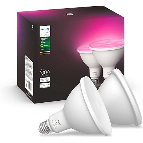 PHILIPS Hue Smart 100W PAR38 LED Bulb, 2 Pack, White & Color Ambiance Color-Changing Light, 1300LM, E26, Outdoor Light Bulbs, Control with Hue App, Works with Alexa, Google Assistant and Apple Homekit