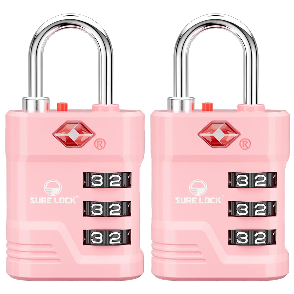 SURE LOCK TSA Approved Luggage Lock – 3-Digit Resettable Combination Padlock with Open Alert Red Dot, Large Easy-Read Dials for Suitcases, Backpacks,