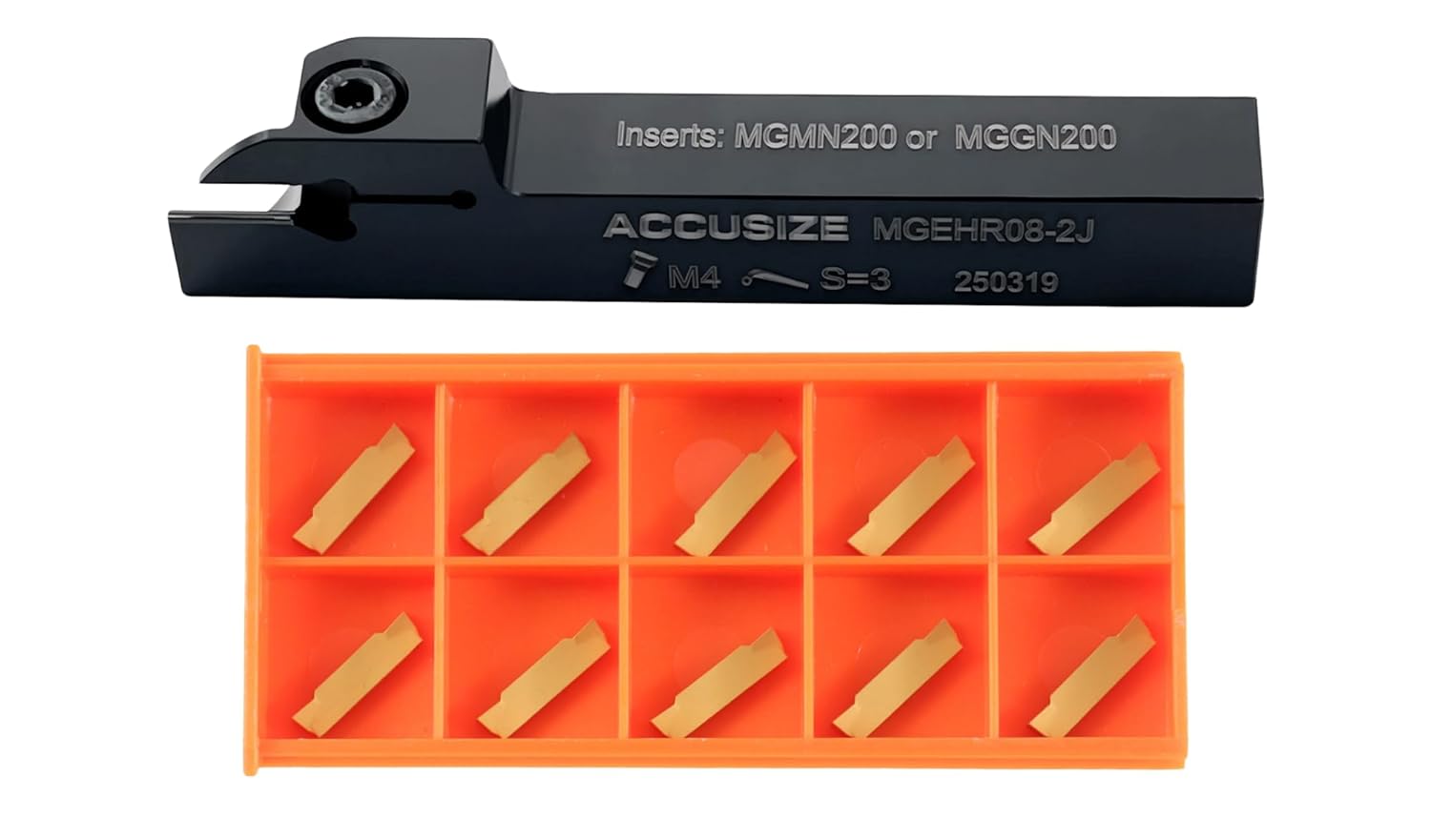 Accusize Industrial Tools 1/2" x 1/2'' Cut-Off Holder, Parting Tool, Mgehr08-2 of 2387-2004 with 10 Carbide Inserts for Cutting Steel, 2387-0004ins