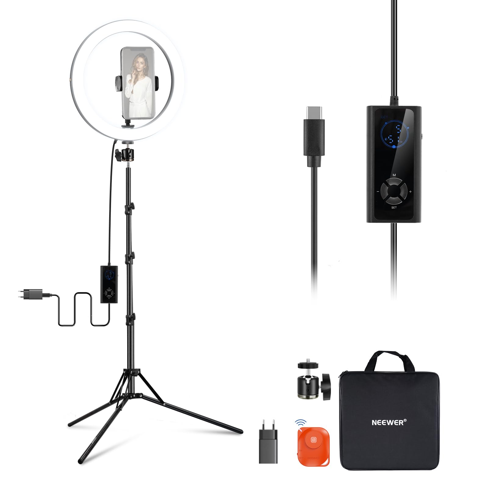 NEEWER 30,5cm(12Zoll) 24W Hochleistungs LED Ringlicht für Telefon mit 181 Zoll Halterung Bicolor 2900K-7000K USB Eingang Typ C PD CRI97+ 1810lux/0,5m 12 Szenen für Live Übertragung Zoom TikTok, RH12B