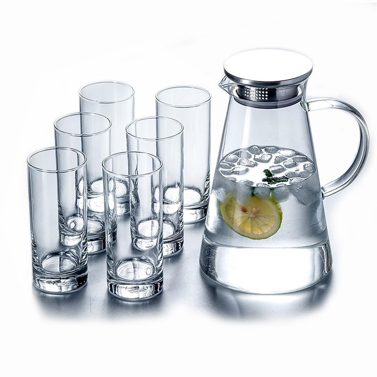 7-teiliges Set Glas karaffe Glaskrug mit Deckel Wasserkaraffe Krug mit Ausgießer Glaskanne Griff für heißes/kaltes Wasser Tee Getränke