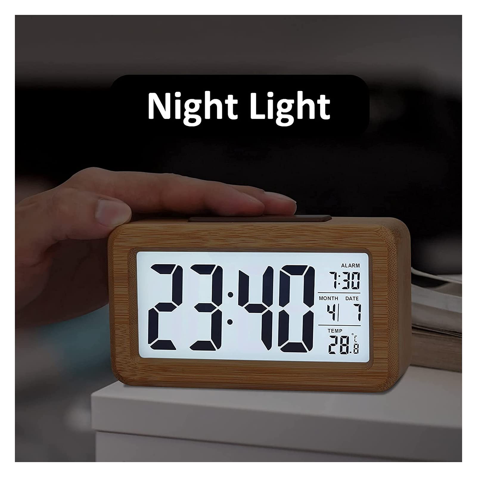 WTL Despertador Reloj de alarma digital de madera, grande DIRIGIÓ Mostrar reloj de alarma de grano de madera, sensor inteligente Luz de noche, snooze y temperatura, Operado por batería, Reloj desperta
