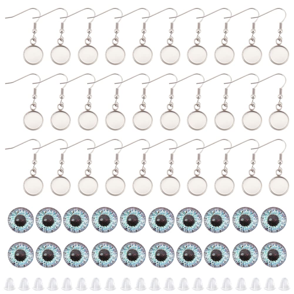 DICOSMETIC Stainless Steel Blank Earring Hooks Set 50Pcs 10mm Blank Bezel Tray Earring Hooks 50Pcs Evil Eye Glass Cabochons 100Pcs Ear Back Dangle Earring Bezel for Jewelry Making, Pin: 0.8mm