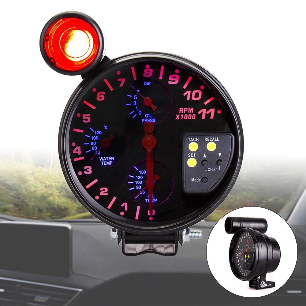 MASO - Tachimetro 4 in 1, 13 cm, giri/min, 12 V, con supporto, con indicatori di cambiata, indicatori di pressione e temperatura olio, per auto