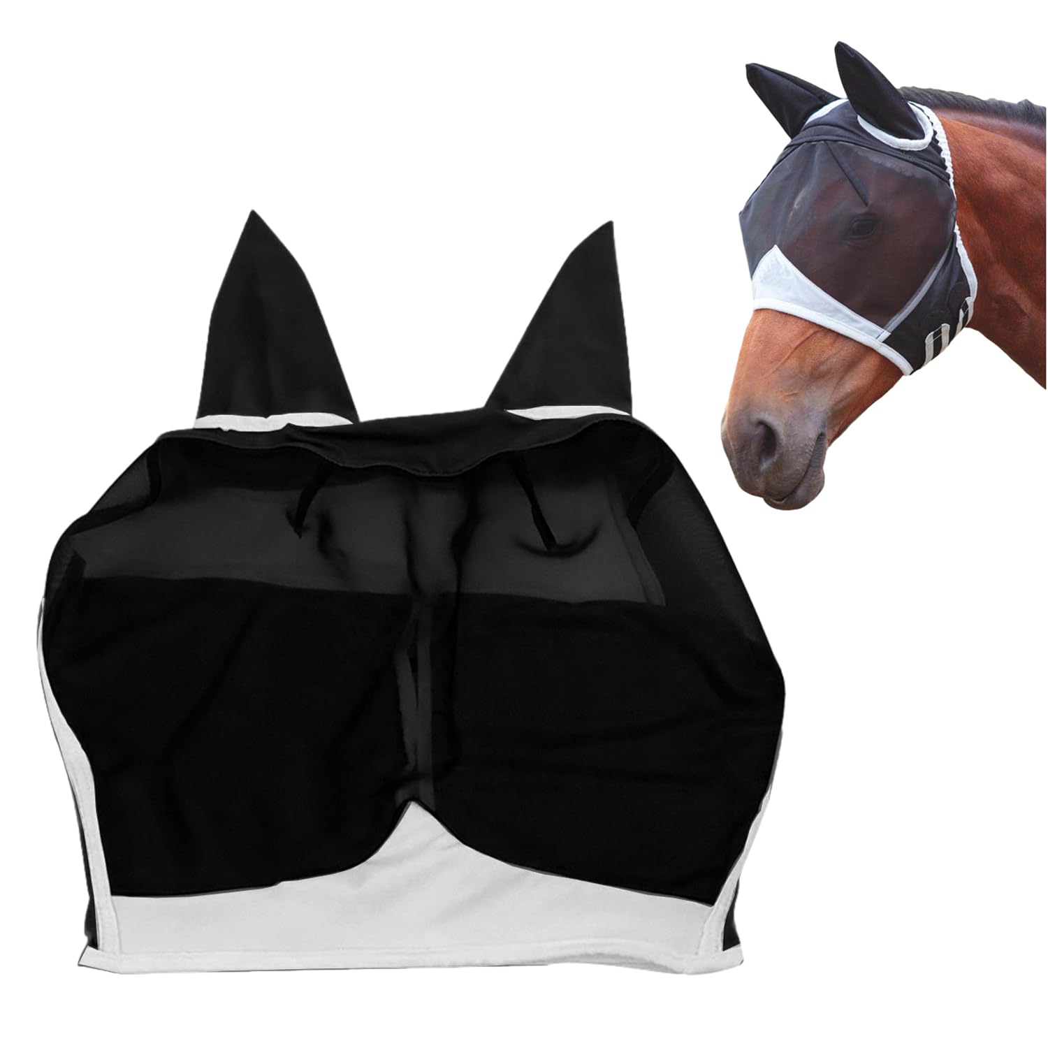 MEMOFYND 1 máscara de mosca de caballo, máscara estándar con orejas, máscara protectora UV, malla transpirable para caballos, máscara protectora para los ojos (negro)