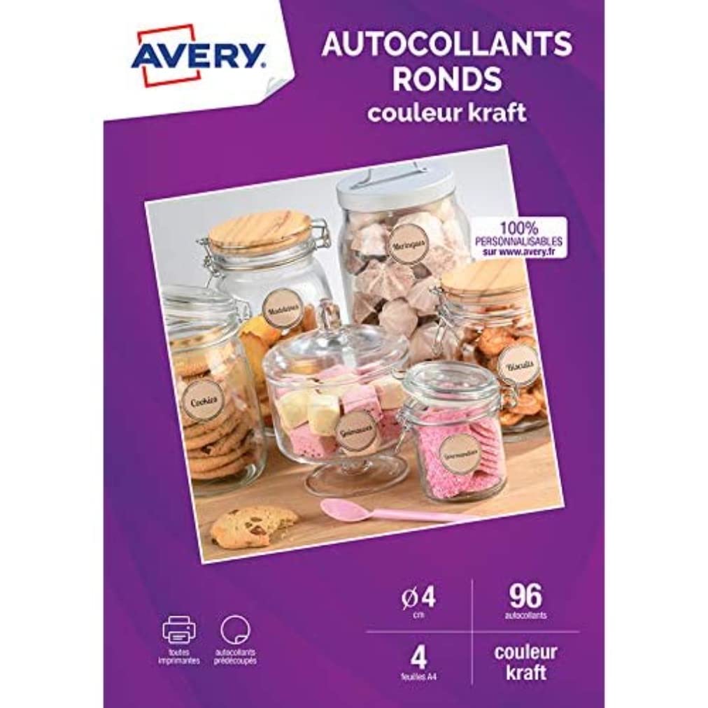 AVERY Pack of 96 Round Stickers 100% Recycled Kraft Paper Printable Diameter 40 mm Laser/Inkjet Printing