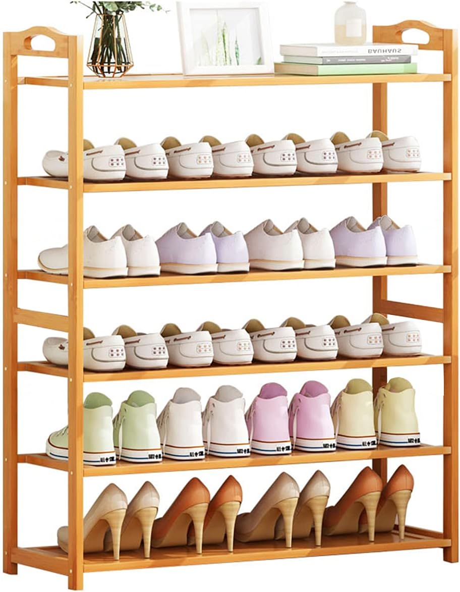 Bamboo Shoes Rack 6 Tier, Wooden Shoe Shelf Stand Free Standing Large Slippers Storage Organizer with Portable Handle Shoe Cabinet Space Saving for Entryway Living Room 82x23x98cm