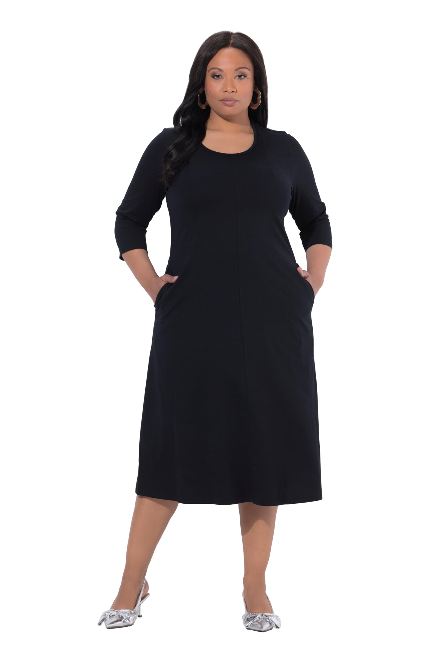 Ulla Popken Damen große Größen Übergrößen Plus Size Maxikleid, A-Linie, U-Boot-Ausschnitt, 3/4-Arm 847108