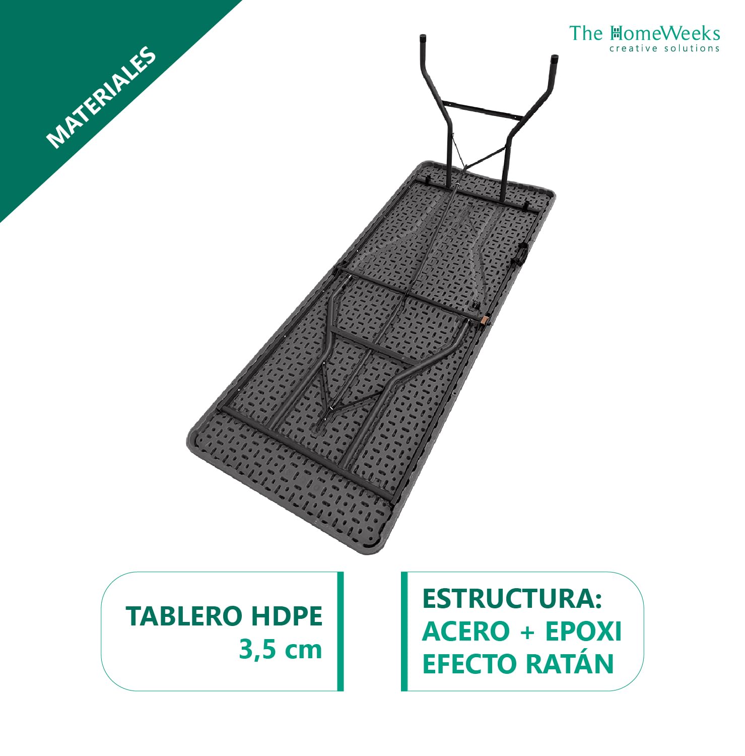The Homeweeks Mesa Plegable Solid Efecto Ratan Gris Antracita 180cm | portátil | Normativa Uso público | Tablero Resina HDPE 3,5cm | Capacidad 6/8 Personas | Carga 150 kg.