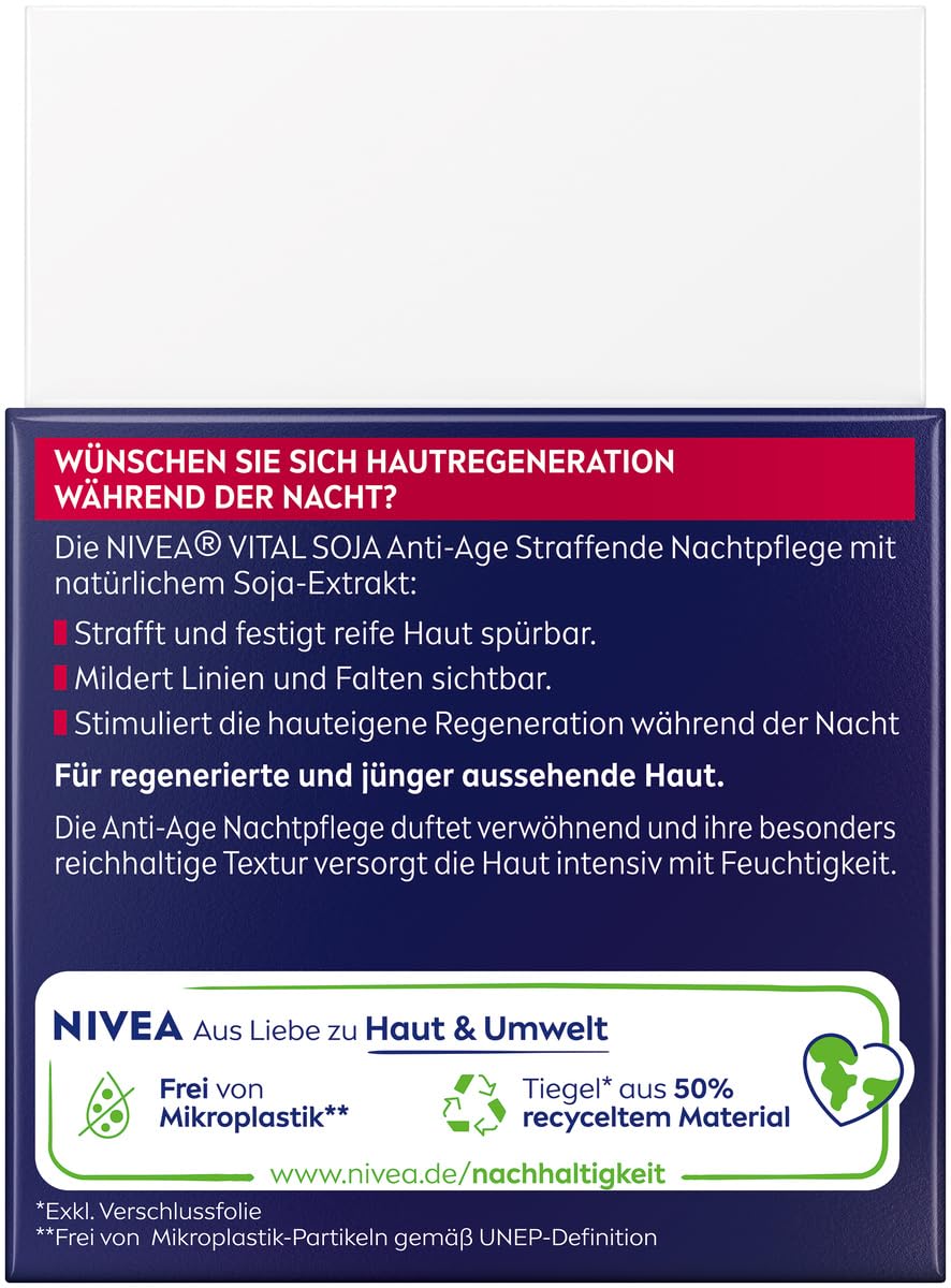 NIVEA VITAL SOJA Anti-Age ujędrniająca pielęgnacja na noc, bogata pielęgnacja twarzy dla dojrzałej skóry z naturalnym ekstraktem z soi, regenerujący krem na noc do łagodzenia zmarszczek (50 ml)