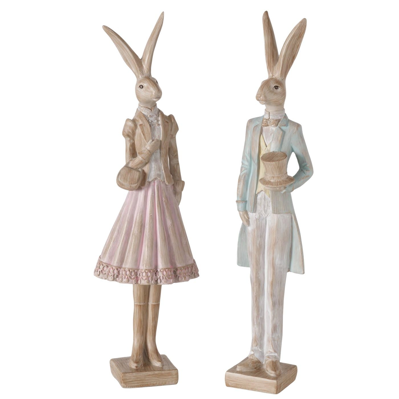 MF Deko Hasenfigur Elowen Hasenpaar, 2er Set, Elegant Gekleidet, Braun Grün Hellrosa, Kunstharz Handgearbeitet und Handbemalt, 31 cm Höhe, Osterdekoration