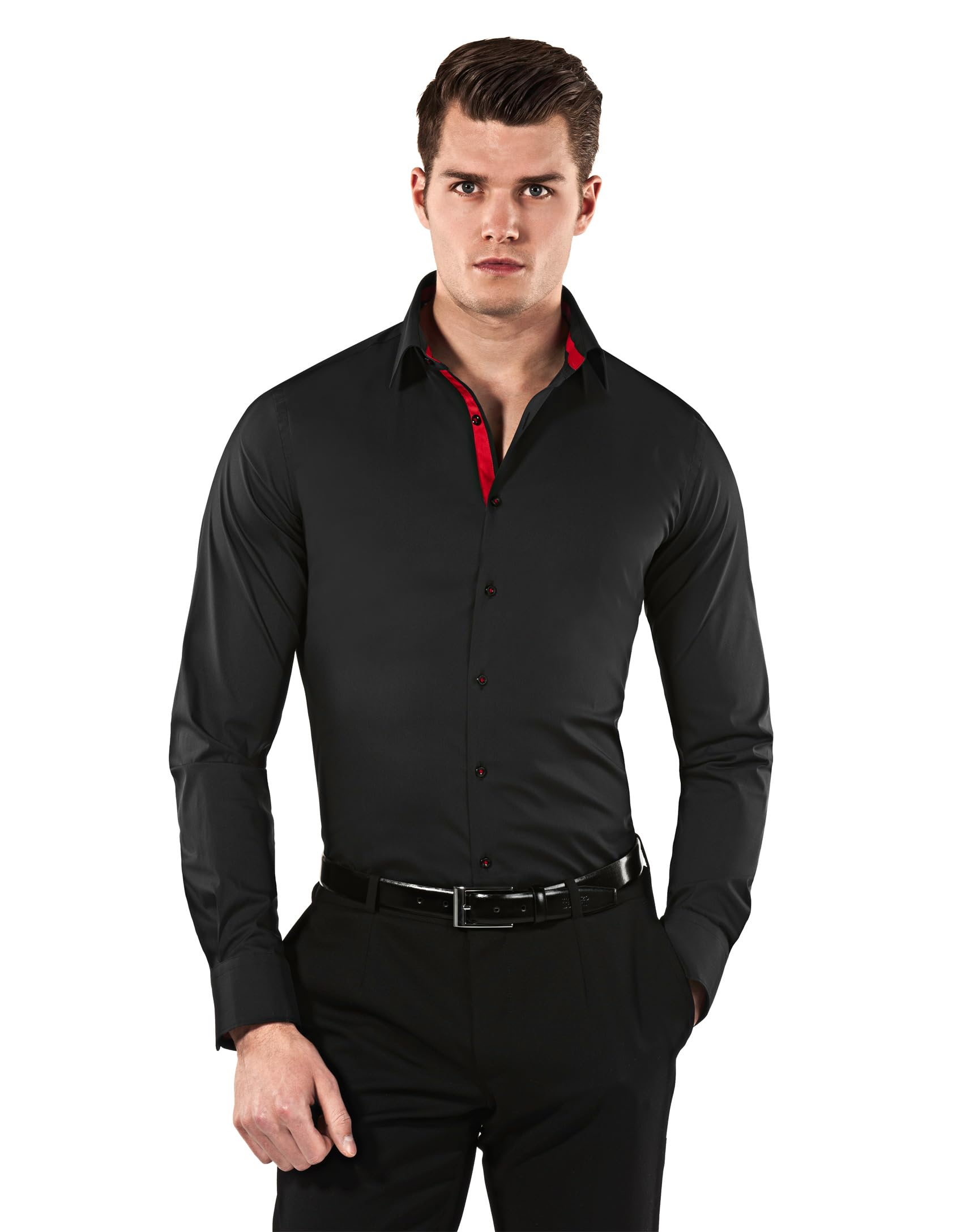 Vincenzo Boretti Camisa de Hombre, Muy Entallada (Body-fit), Mezcla de algodón, elástica y Muy Agradable, Manga-Larga, Cuello Kent, Lisa - fácil de Planchar (Easy Iron)
