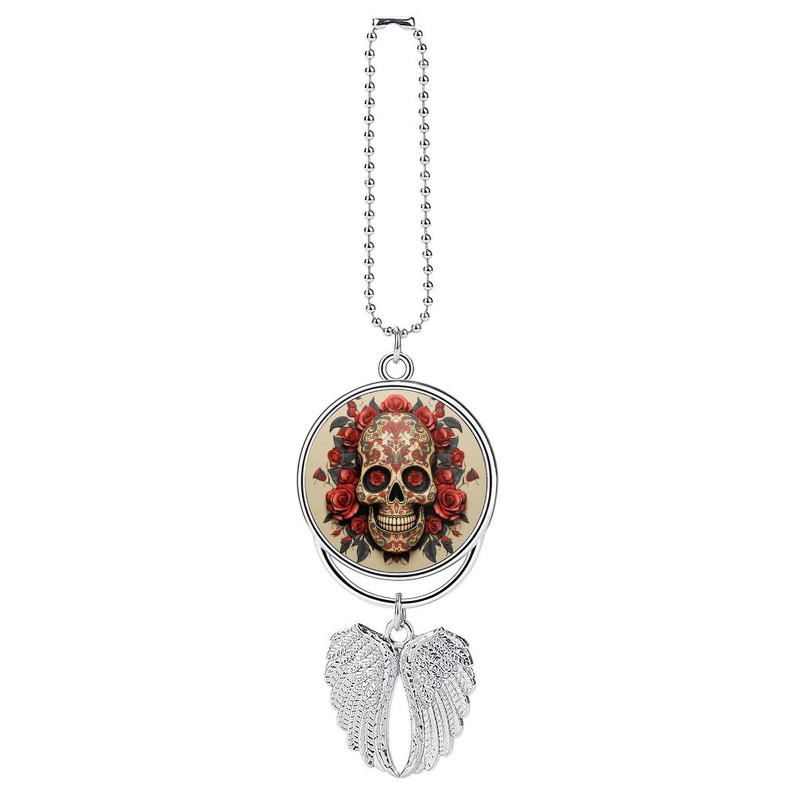 Red Rose Sugar Skull Car Pendant Personalized Car Hanging Ornament Auto Rear View Mirror Hanging Decoration Accessories Metal Cars Interior Ornament for Most Cars Truck SUV