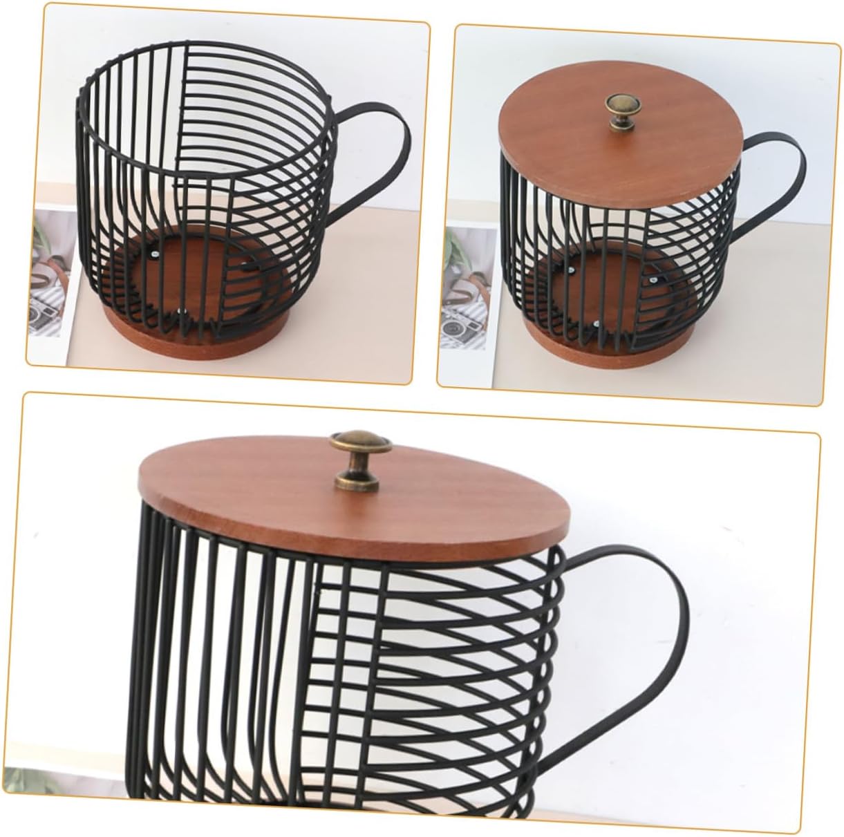 Iron and Wood Coffee Capsules Storage Basket Large Capacity Coffee Pod Organizer for Kitchen Counter and Cafe Multipurpose Desktop Holder for Snacks and Fruits Display Holder