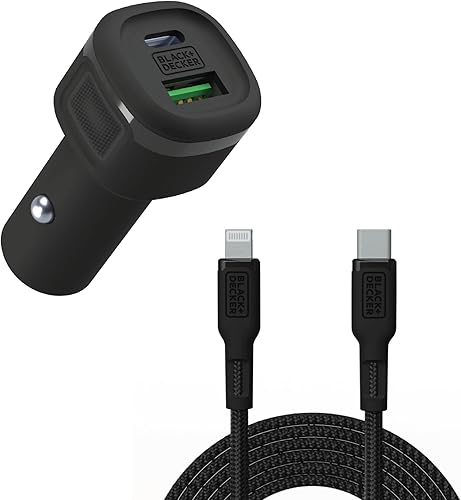 BLACK+DECKER Cargador de coche USB C, compacto de 38 W de 2 puertos, cable tipo C a Lightning certificado Apple MFi, compatible con iPhone 15, 14,