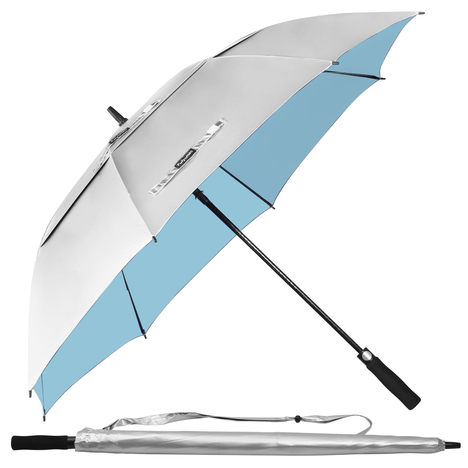 Fulynmen 68/62/54 Inch UPF50+ Sun Umbrella UV Protection UV Umbrellas for Sun Protections Windproof Large Golf Umbrella Auto Open and Vented Double Canopy Umbrellas for Rain (Silver/Lake Blue, 62