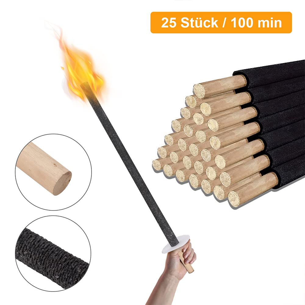 25 piezas Antorchas de cera, 100 min. de tiempo de combustión, Antorchas para exteriores de brea, Mango extra largo con protección para la mano, Cera natural para niños, Jardín de fogatas