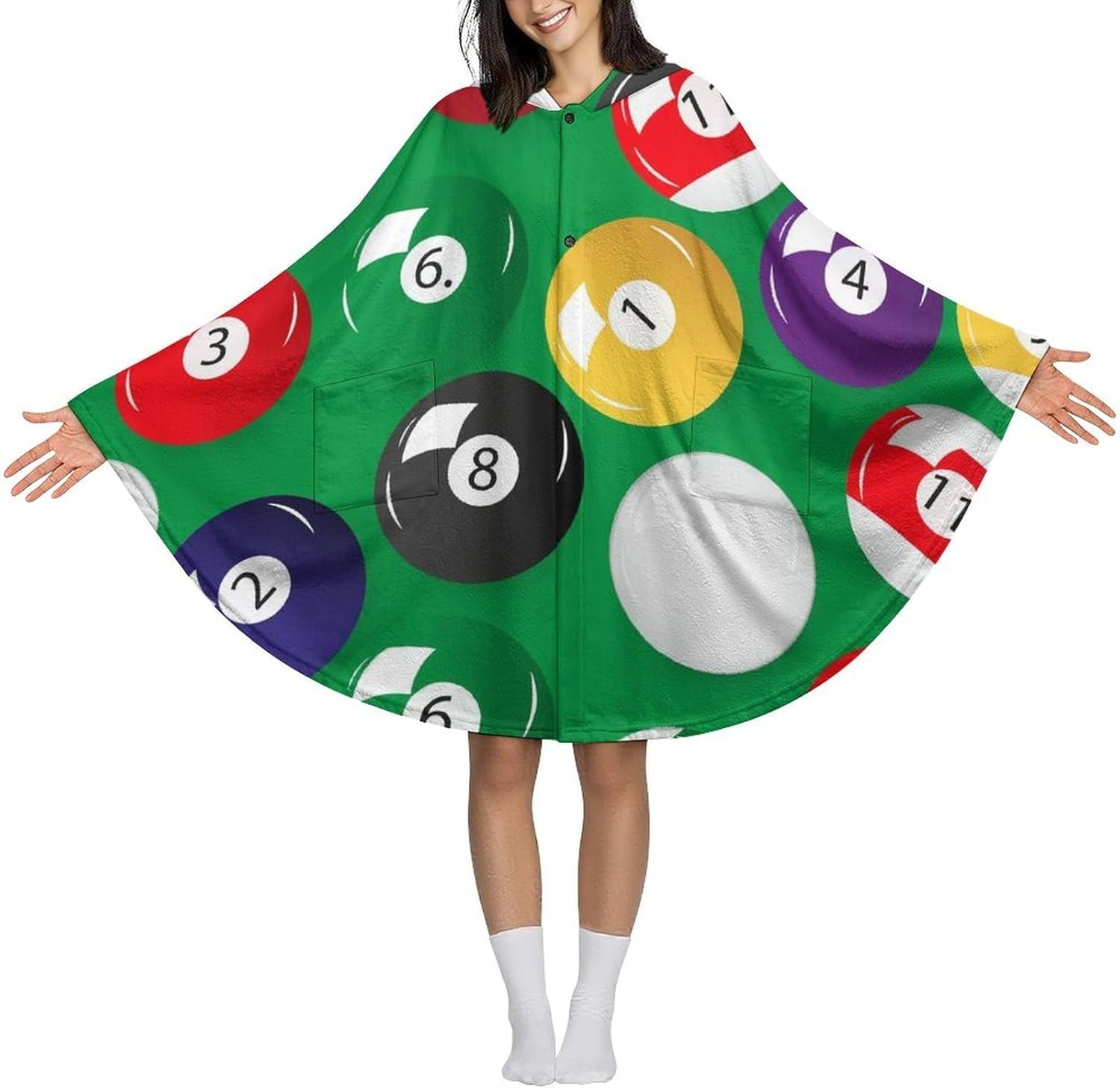 Billiards Pool Table Balls Wearable Blanket with Hooded Flannel Blankets Cape with Pocket