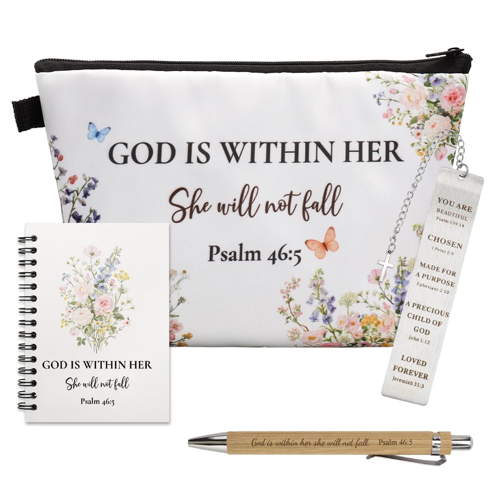 HUNGBAN 4pcs Christian Gifts for Women Including Prayer Journal Notebook,Christian Makeup Bag,Ballpoint Pen and Verse Bookmark,Bible Journaling Kit for Baptism Daily Birthday (God Is Within Her)