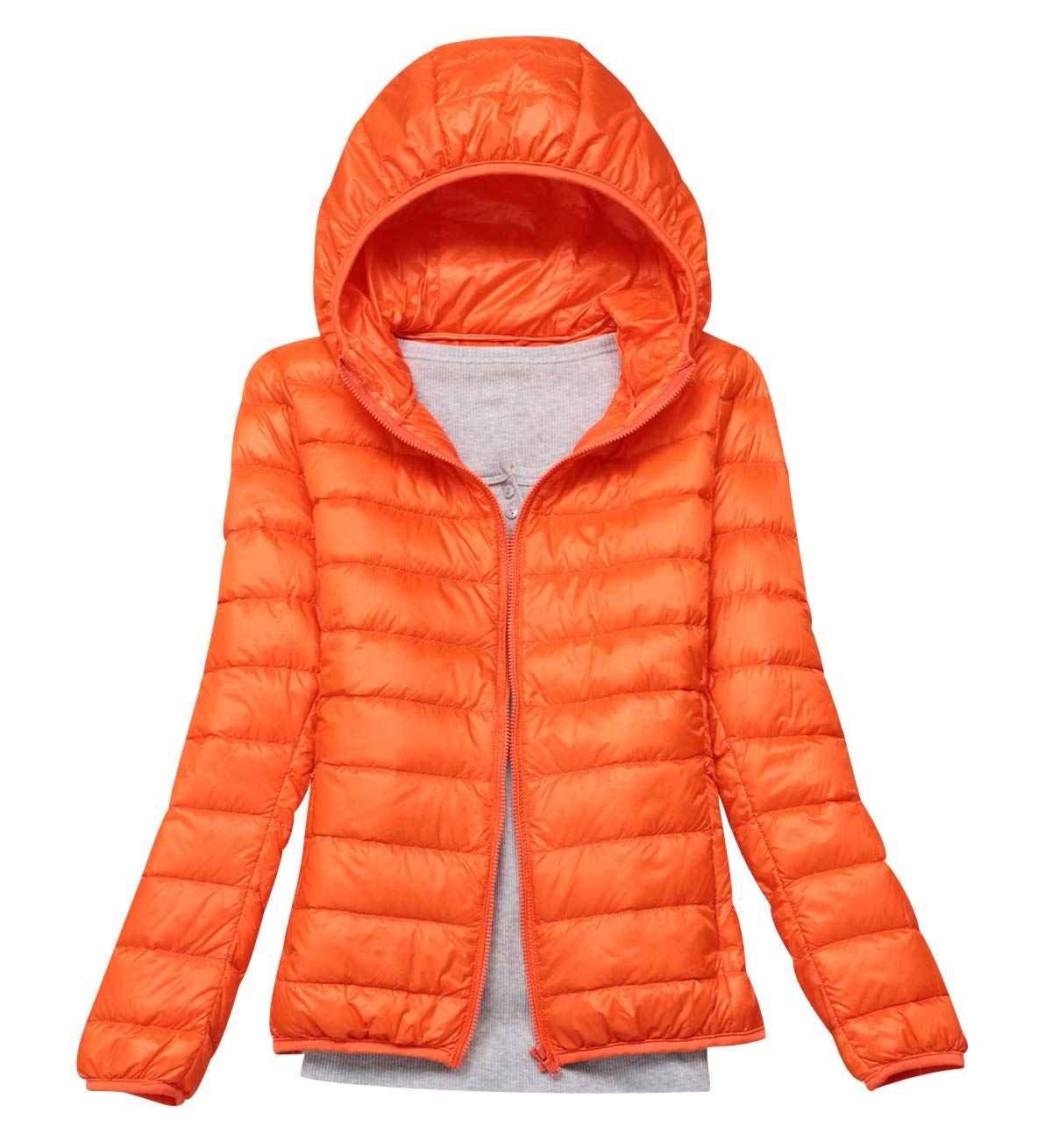 Pengniao Women's Orange Lightweight Down Jacket With Hood Down Coats Ultra Light Packable Down Jacket Down Filled Coat Parka Quilted Padded Hooded Puffer Jacket Bubble Puffa Jacket Winter